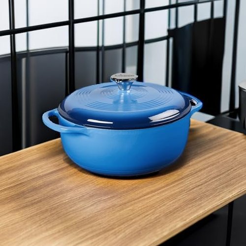 Lodge Enameled Cast Iron Dutch Oven - 4.5 Quart with Lid & Dual Handles - Oven Safe to 500°F | Caribbean Blue