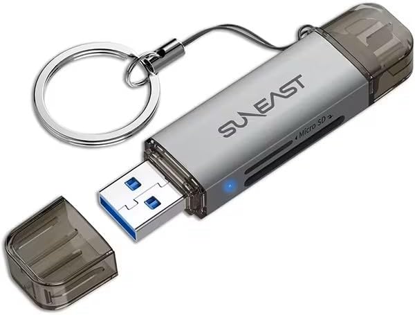 SUNEAST USB3.2 Gen1 DDR200 170MB/s SD MicroSD UHS-I Dual-Slot Card Reader with Type-C and Type-A Ports, Keychain