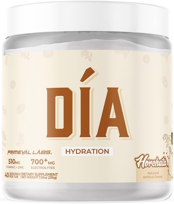 Primeval Labs Dia Hydration Electrolyte Powder | Vitamin C + Zinc, Taurine & Electrolytes | Low Sugar Daily Hydration Drink | 40 Serving Tubs | Horchata
