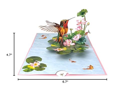 Pop Up Birthday Cards for Women, Hummingbird 3D Birthday Card, Beautiful Hummingbird and Lotus with Koi Fish Design, Pop Up Cards All Occasion for Mother, Mom, Her, Granmother and Daughter, Mothers Day Card