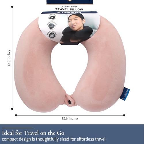 Brookstone Travel Neck Pillow - Lightweight Fleece Casing U-Shaped Stuffable Memory Foam Travel Pillow for Sleeping and Neck Support, Soft Pink