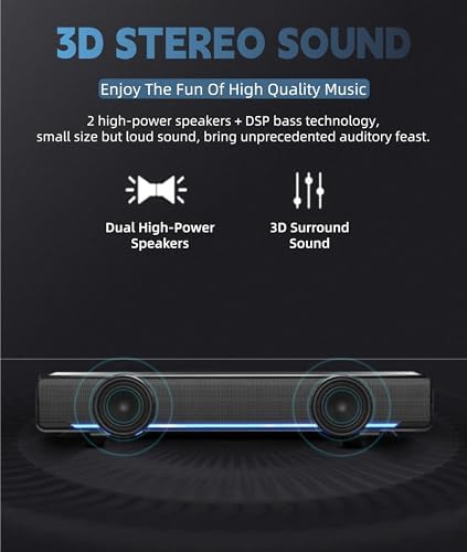 Yoidesu 3.5mm Soundbar,USB Wired SoundBar,Music Player with Bass Surround,Stereo USB Powered Mini Soundbar Speakers