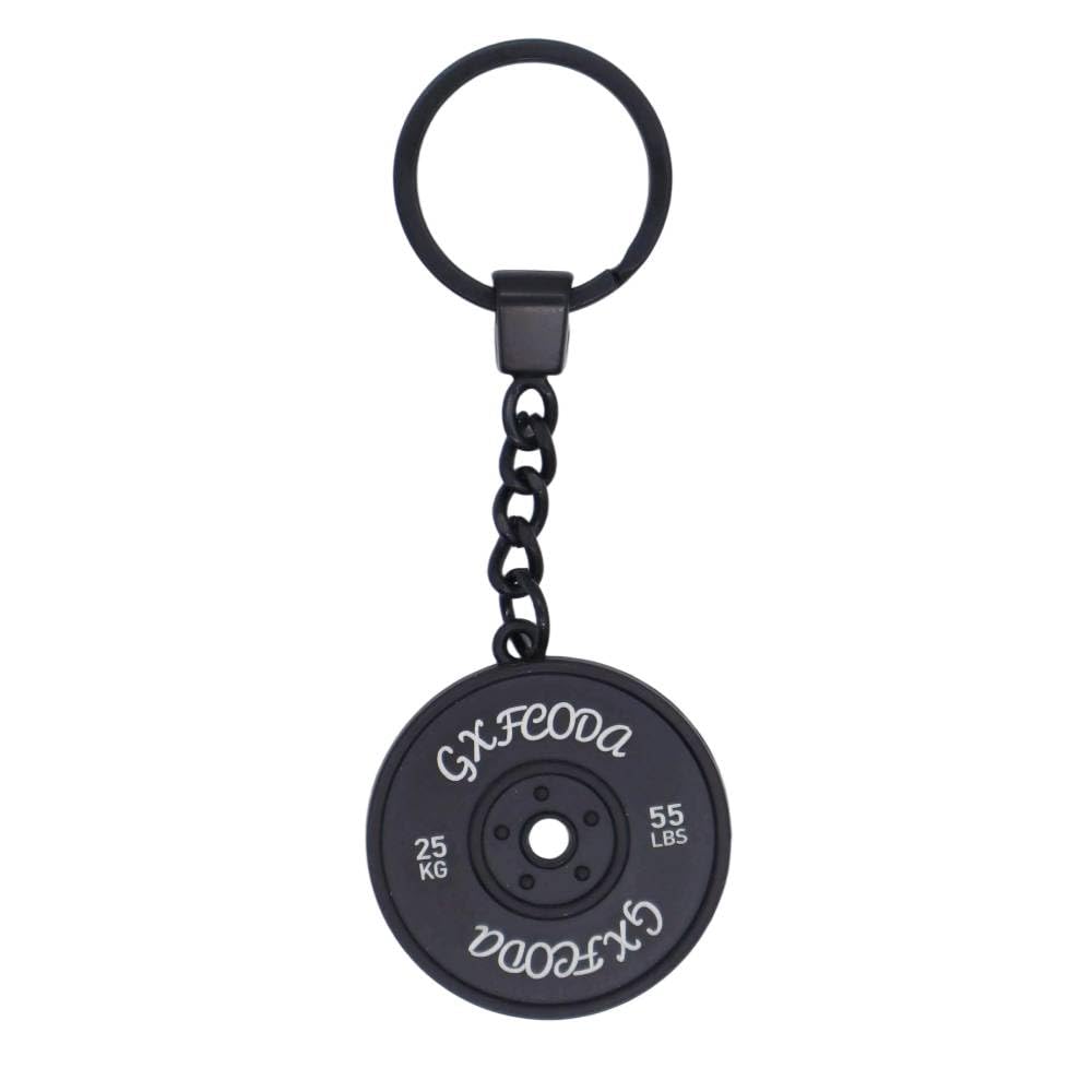 GXFCODA Metal Barbell Weight Plate Gym Keychain, Fitness Weightlifting Gifts for Gym Lovers Men Women Workout Bag Charm (Black)