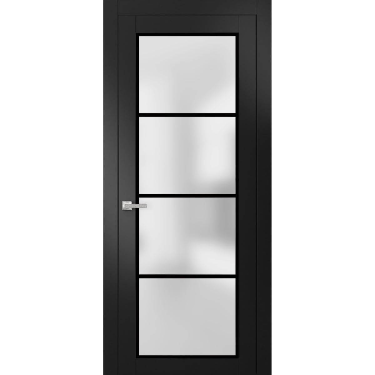 Solid French Pre-Hung Door 30 x 80 inches | Planum 2132 Matte Black Frosted Glass | Single Regular Panel Frame Trims Handle | Bathroom Bedroom Sturdy Doors