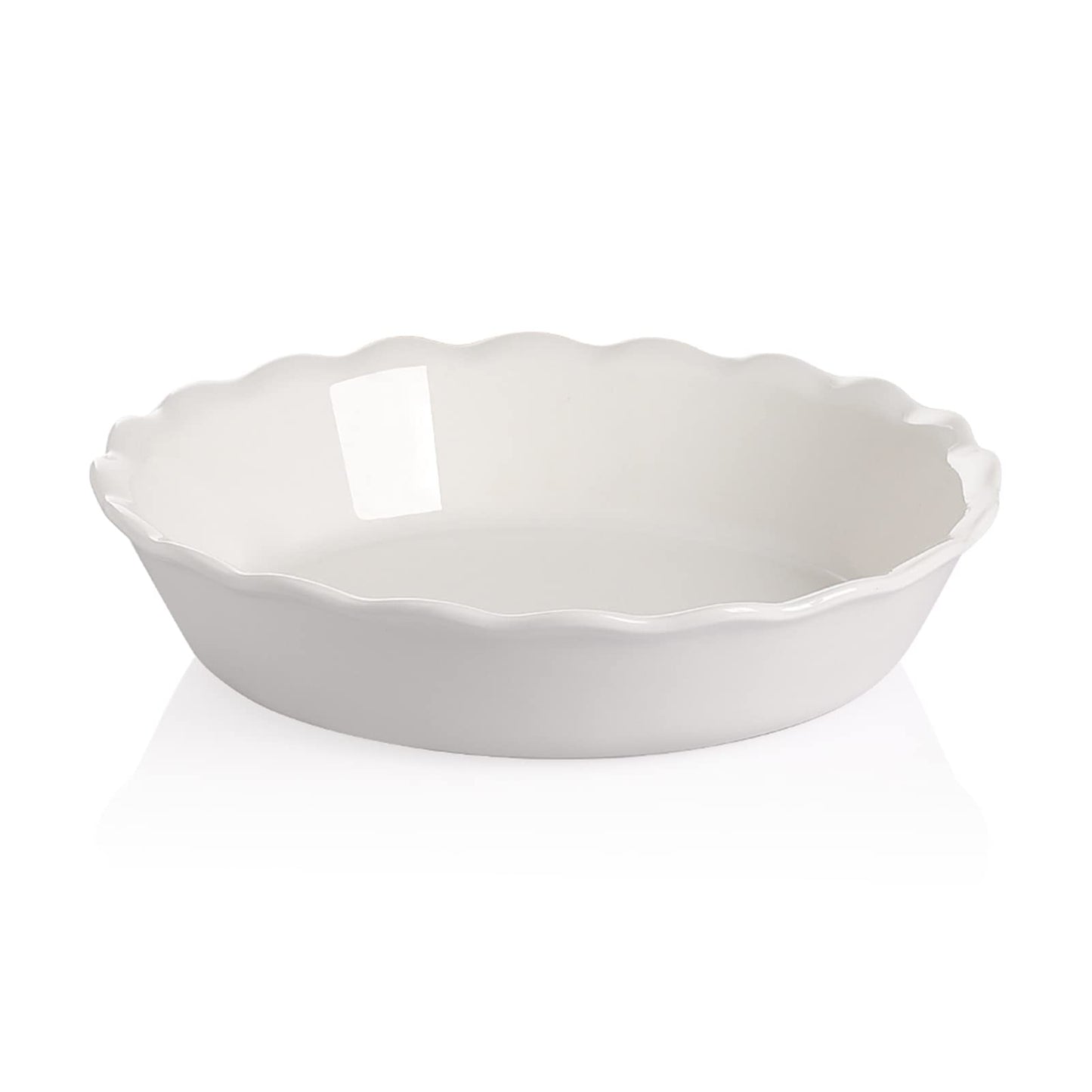 Sweejar Ceramic Pie Pan - 10 Inch Round Baking Dish for Dinner, Non-Stick with Soft Wave Edge for Apple, Pumpkin and Pot Pies (White)