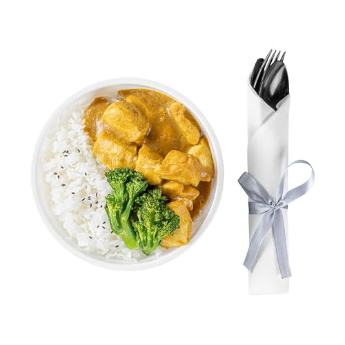 Restaurantware-7.3 Inch x 2 Inch Plastic Cutlery Sets, 100 Plastic Flatware Sets - Silver Ribbon, With White Napkin, Indivudally Wrapped, Black Plastic Disposable Cutlery Sets, For Weddings And Events