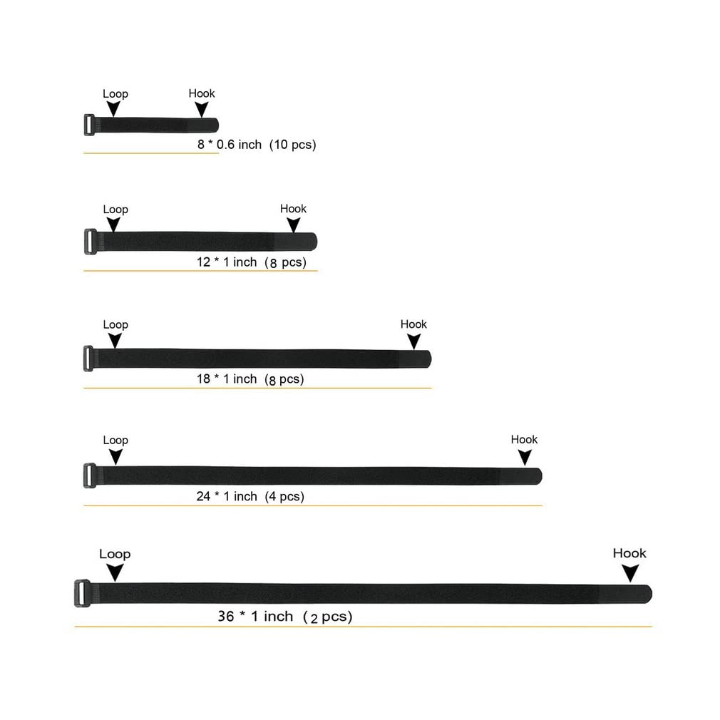 YiwerDer 32Pcs Reusable Fastening Cable Straps and Cable Ties with Buckles, Variety Sizes 8"-12"-18"-24"-36", Premium Adjustable Multi-Purpose Hook and Loop Cinch Strap Cord Ties