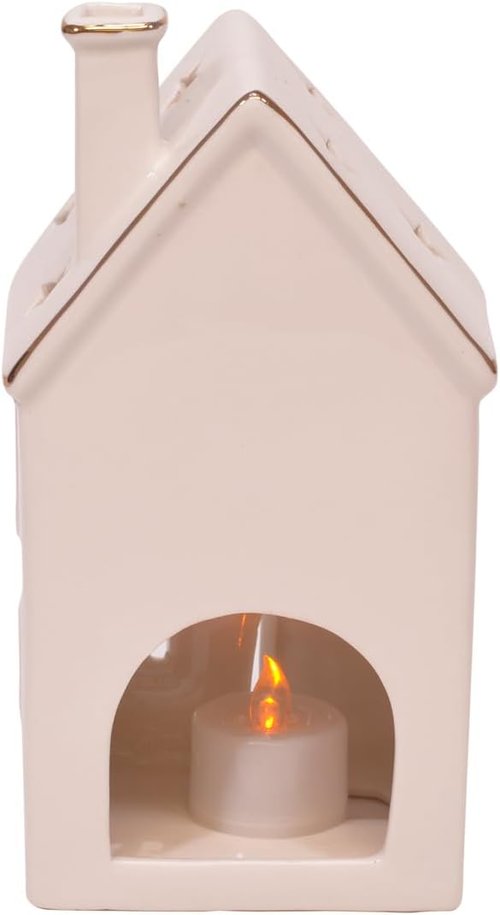 Mark Feldstein & Associates Holiday Tea Light Village House Figurines - White Porcelain with Gold Trim, Set of 3, 8 Inch