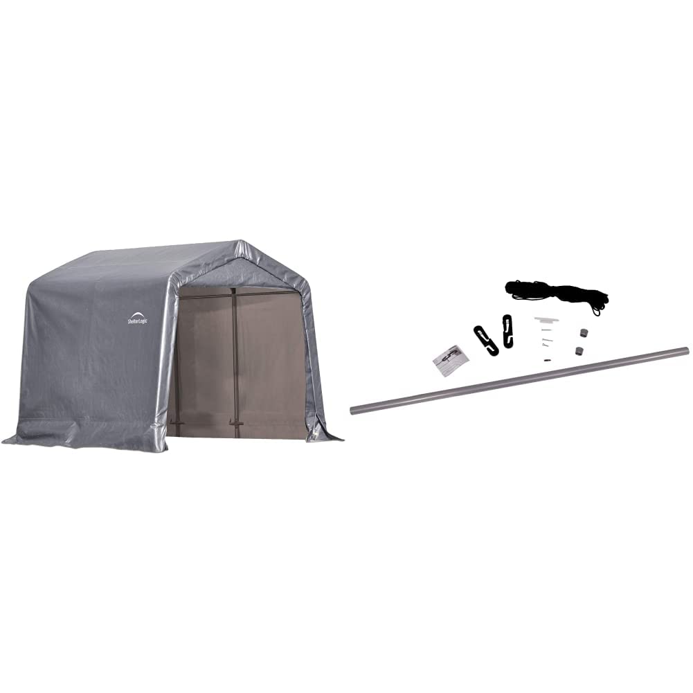 ShelterLogic 8' x 8' Shed-in-a-Box All Season Steel Metal Frame Peak Roof Outdoor Storage Shed with Waterproof Cover and Heavy Duty Reusable Auger Anchors, Grey | Pull-Eaze Roll-Up Door Kit