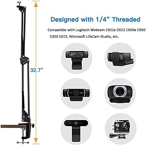 Etubby C920 C930 C922 C615, 1/4" Webcam Stand Desktop Adjustable Suspension Boom Scissor Arm Camera Clamp Webcam Mount
