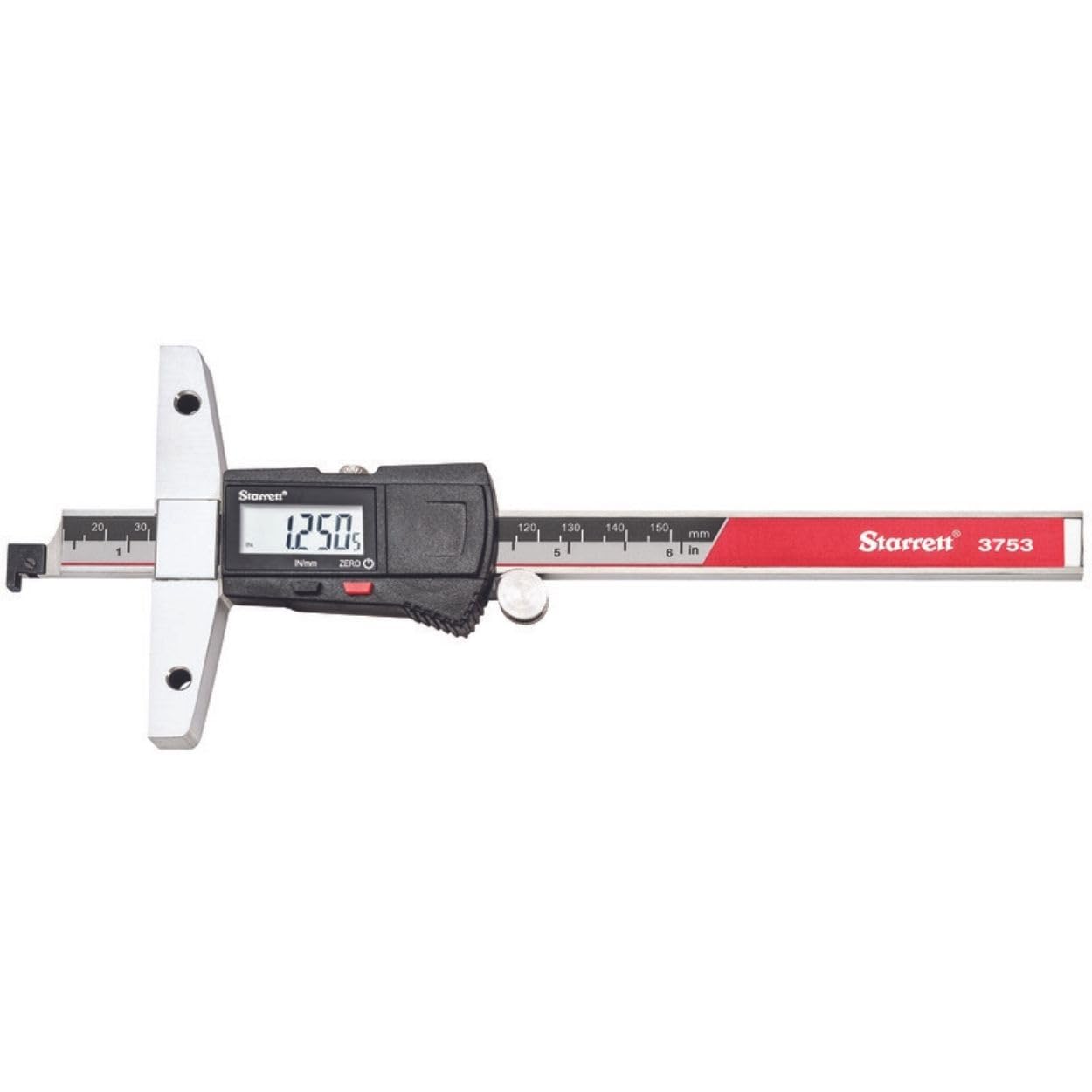 Starrett Electronic Depth Gage with Clear, Easily-Read Numbers, Fine Adjustment Thumb Roll and Removable Hook - 0-6" Range, .0005" Resolution - 3753A-6/150