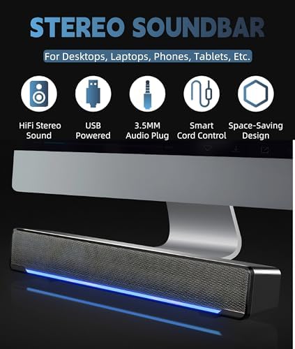 Yoidesu 3.5mm Soundbar,USB Wired SoundBar,Music Player with Bass Surround,Stereo USB Powered Mini Soundbar Speakers