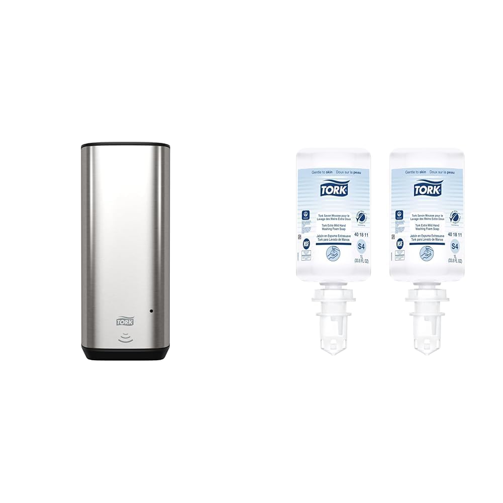 Tork Intuition Sensor Skincare Dispenser Stainless Steel S4, for Hand Soap and Hand Sanitizer, Image Range + Tork Extra Mild Hand Washing Foam Soap S4, No Fragrance Added, 2 x 1L