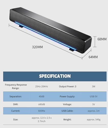 Yoidesu 3.5mm Soundbar,USB Wired SoundBar,Music Player with Bass Surround,Stereo USB Powered Mini Soundbar Speakers