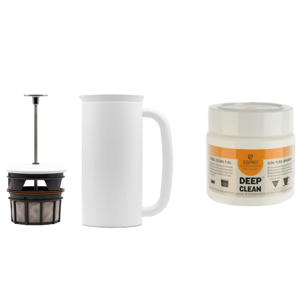 ESPRO - P7 French Press - Double Walled Stainless Steel Insulated Coffee and Tea Maker with Micro-Filter - Keep Drinks Hotter for Longer (Matte White, 32 Oz) Cleaning Powder