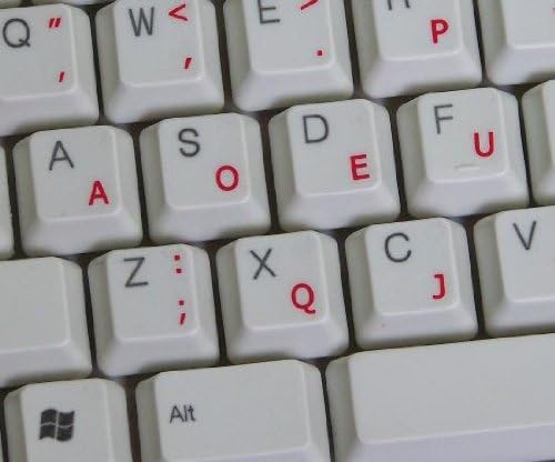 4Keyboard Dvorak Simplified Keyboard Stickers with RED Lettering ON Transparent Background