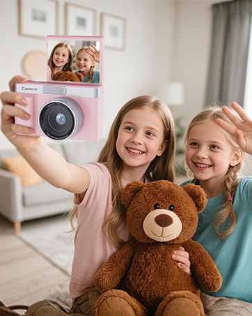 fceoul 1080P 5MP 180 32GB Kids Camera, Digital Camera for Kids with Flip Screen & SD Card, Retro Toddler Toy Camera