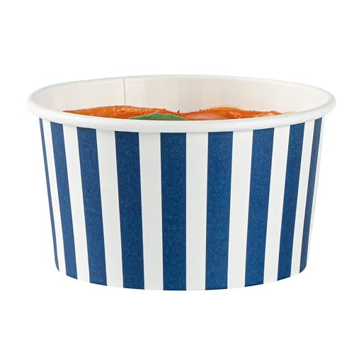 Restaurantware Coppetta 8 Ounce Dessert Cups, 200 Disposable Ice Cream Cups - Lids Sold Separately, Sturdy, Blue And White Paper FroYo Bowls, Striped, For Hot And Cold Foods, Perfect For Gelato