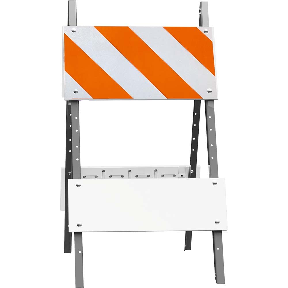 Combocade Plastic & Steel Leg Type I Barricade (12" Top, 8" Bottom) - EG Sheeting, Galvanized Steel Legs, Double Wall Reinforced Boards, Sandbag Bar, MASH Accepted, Orange and White