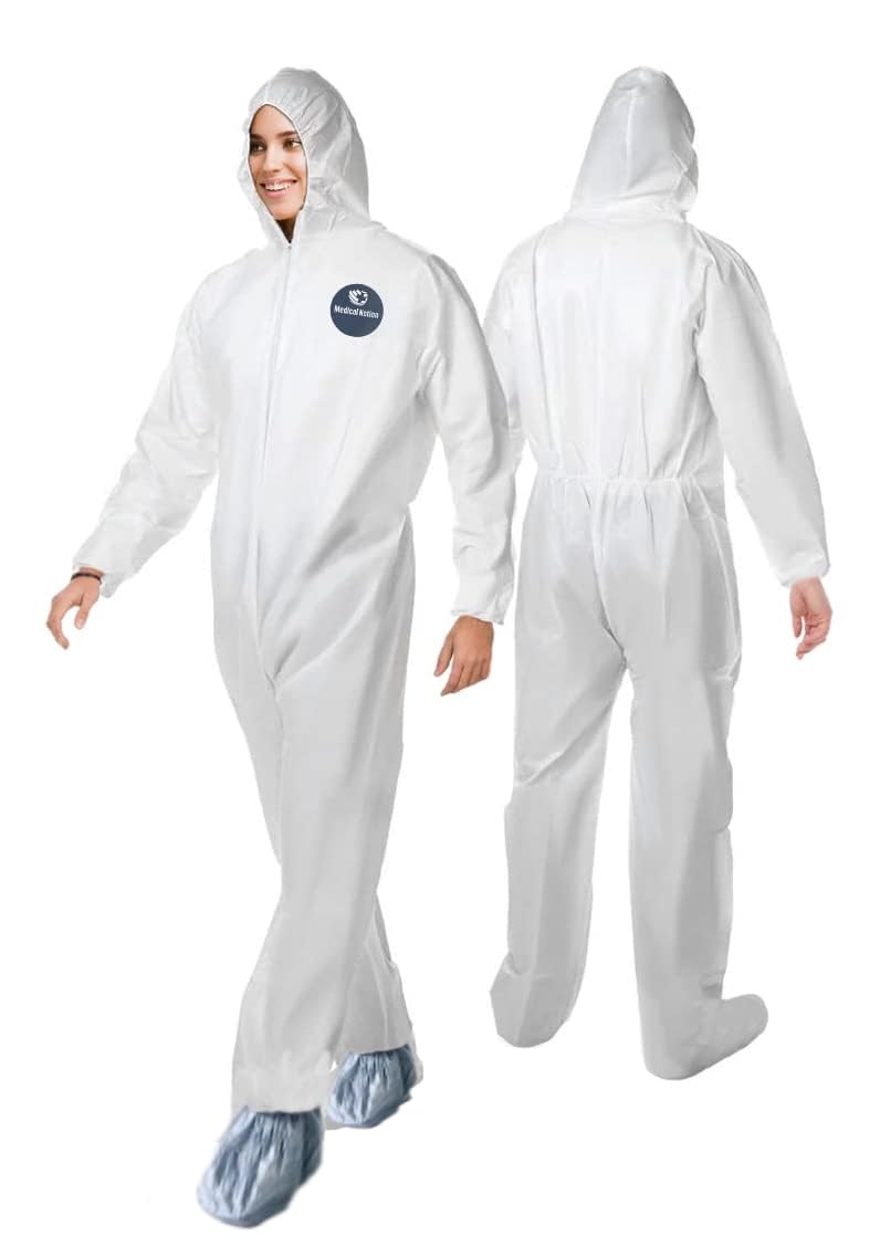 Medical Nation Hazmat Suits Disposable | 25 Pack | Protective Coveralls with Attached Hood and Boots | Heavy Duty Full Body Painters Suit for Adults - Breathable & Water Resistant | Extra Large