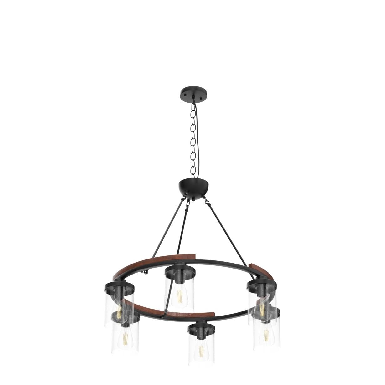 NSRCE 28-Inch Wagon Wheel Chandelier, 6-Light Farmhouse Dining Room Light Fixture Over Table, Round Matte Black Rustic Wood Ceiling Hanging Pendant Light with Clear Glass Shade
