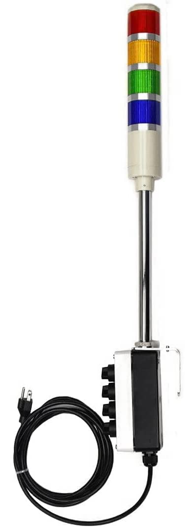 Signaworks 4 Stack Super Bright LED Andon Tower Light, 3 Pos On-Off-Flash, Red/Amber/Green/Blue, 8 ft Industrial Power Cord, Plug & Play Ready, 3 Prong Plug Meets OHSA Standard * Made in USA *