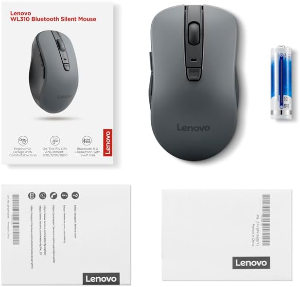 Lenovo WL310 5.0, Bluetooth Silent Mouse, Ergonomic, Adjustable DPI, Silent Clicks, Bluetooth Portable for Windows