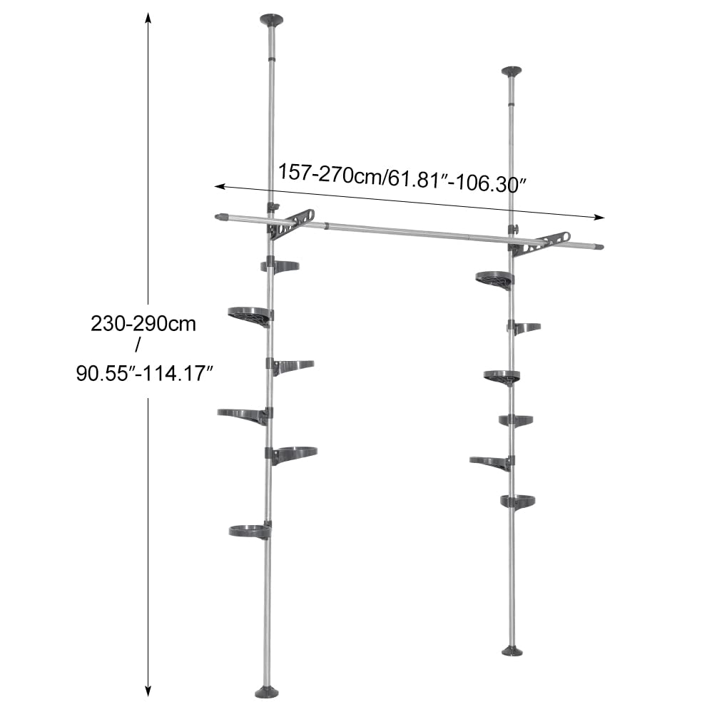 BAOYOUNI Indoor Plant Pole Stand Double Tension Rods Flower Pot Storage Shelf Holders Floor to Ceiling Display Rack Hanger with 12 Trays, 2 Hooks & 1 Telescopic Rod for Clothes Drying, Grey