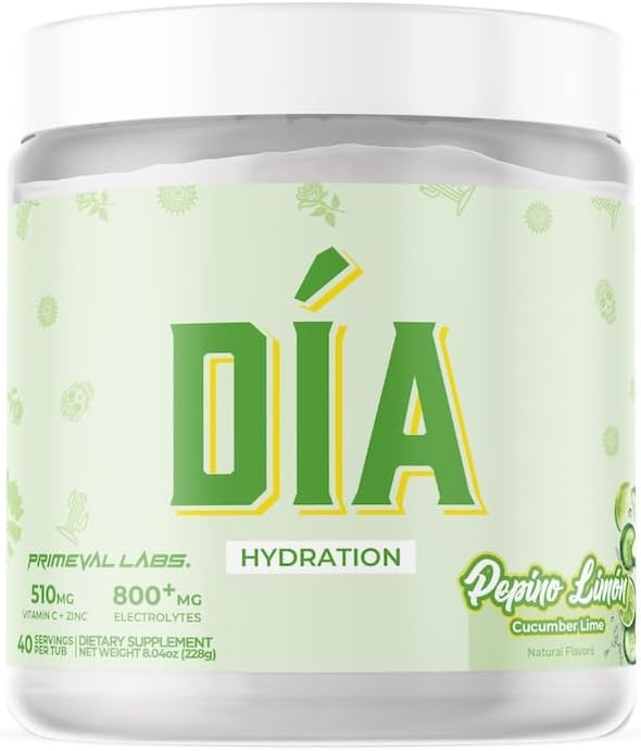 Primeval Labs Dia Hydration Electrolyte Powder | Vitamin C + Zinc, Taurine & Electrolytes | Low Sugar Daily Hydration Drink | 40 Serving Tubs | Pepino Limon