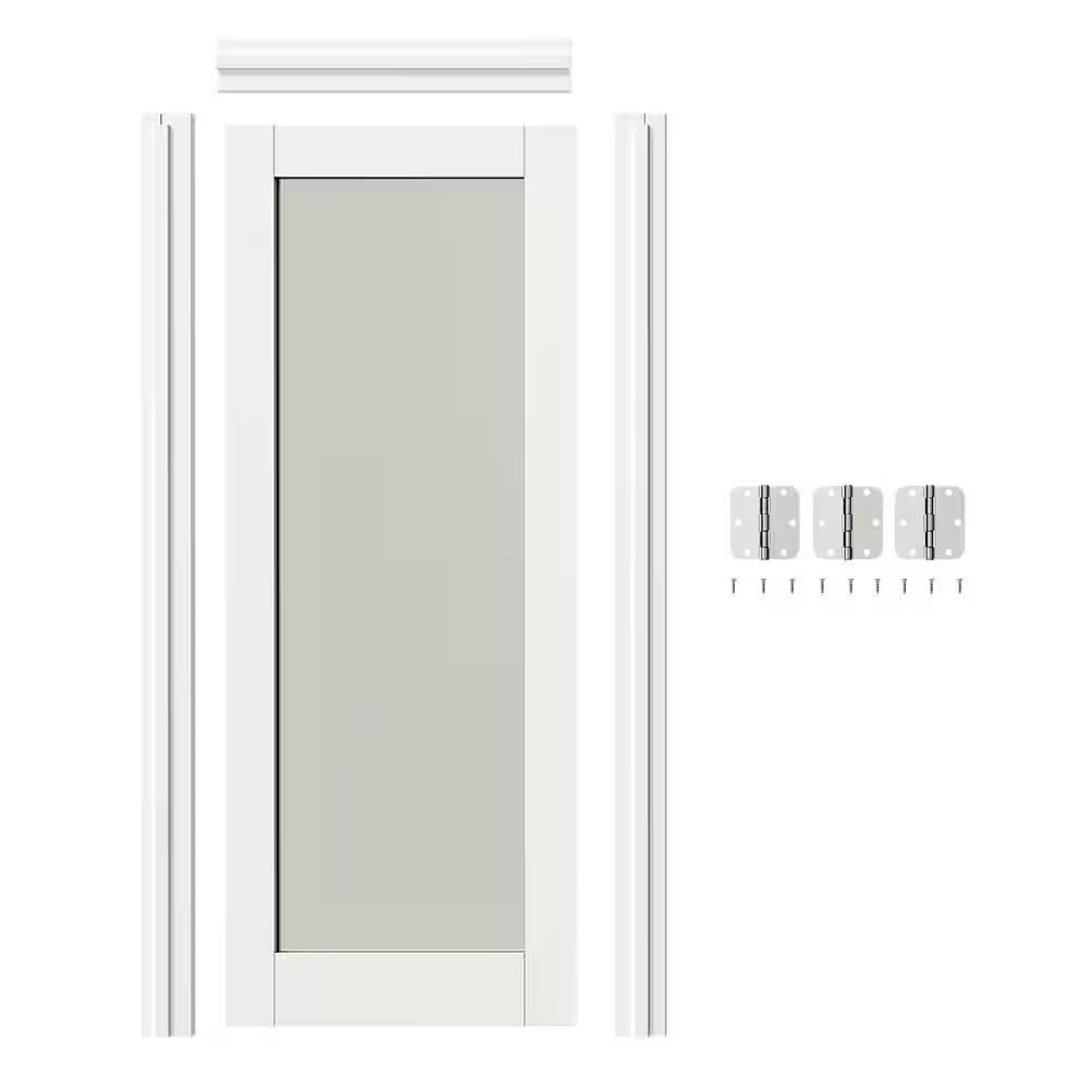 Lakenyon Pantry Door, 24" x 80" with Prehung Door Jamb, Right-Handed Interior Door, 1-Lite Frosted Glass, White MDF with Hardware Kit