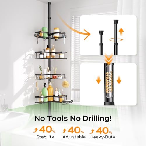 HAMITOR Shower Caddy Tension Pole - 4-Tier Rustproof Bathroom Organizer | Adjustable No-Drill Shelf - 47-123 Inch