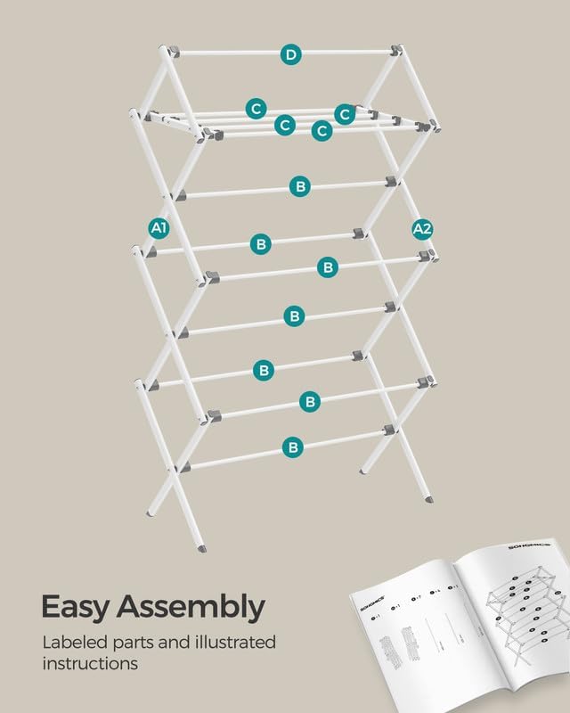 SONGMICS Foldable Clothes Drying Rack - Steel Frame Laundry Airer for Indoor/Outdoor Use | 14.6 x 29.5 x 53.2 Inches, Easy Assembly, White
