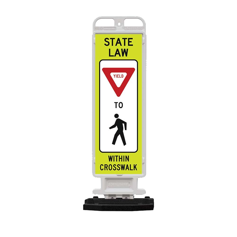 Plasticade Crosscade Crosswalk Sign, 36" Vertical Panel with 12x36 State Law Yield To Pedestrians Sign, Impact-Resistant Rubber Base, Diamond Grade Reflective Background and HIP Sheeting