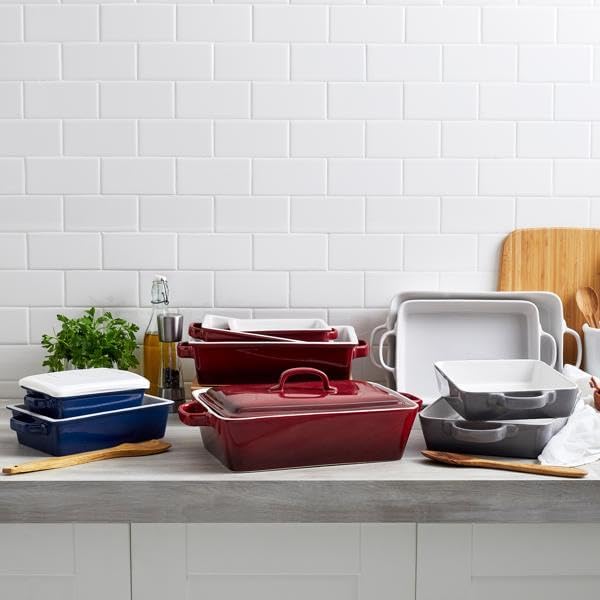 Sur La Table Stoneware Baker Set - 3-Piece Freezer-to-Oven Bakeware with Lids | Durable Handmade Design, White