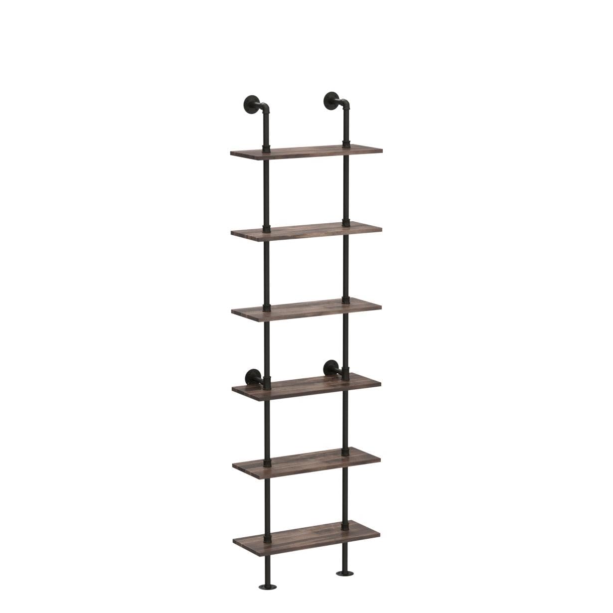 HOMBAZAAR Industrial Pipe Bookshelf,6 Tier Pipe Shelving,Wall Mounted Ladder Shelves with Metal Frame for Home Office,Living Room,Oak Brown