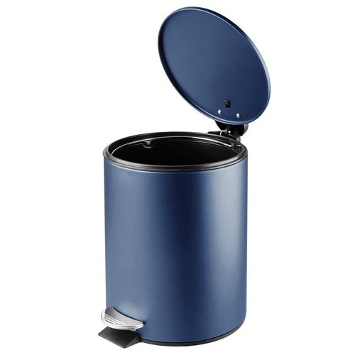 mDesign Metal 1.3 Gallon/5 Liter Round Step Trash Wastebasket, Garbage Container Bin with Lid for Bathroom, Powder Room, Bedroom, Kitchen, Craft Room, Office - Removable Liner Bucket - Navy Blue