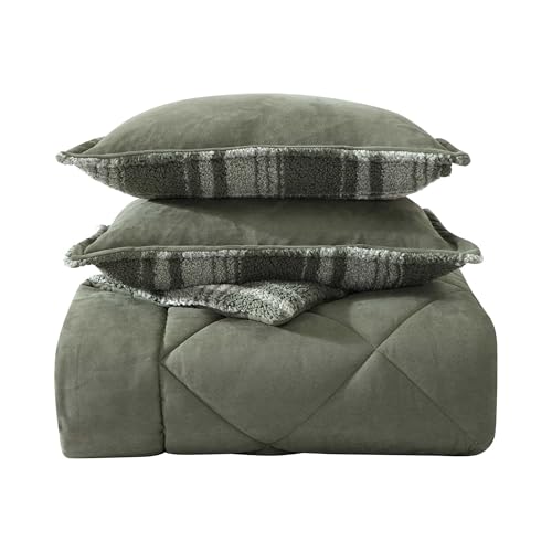 Eddie Bauer - Queen Comforter Set, Microsuede Bedding with Soft Plush Faux Shearling Reverse, 3 Piece Bed Set with Matching Pillowcases (Big Lake Plaid Green)