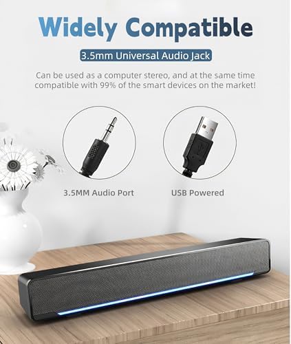 Yoidesu 3.5mm Soundbar,USB Wired SoundBar,Music Player with Bass Surround,Stereo USB Powered Mini Soundbar Speakers