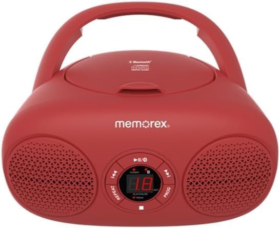Memorex Programmable AM/FM Top Loading CD Player | Portable Stereo with Memory | Auxiliary Input and LED Display (Red)