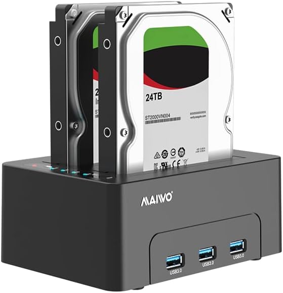 MAIWO 2.5 3.5 Inch 3X 3.0 48TB Dual Bay Hard Drive Docking Station with Offline Clone for SATA HDD SSD, USB Hub