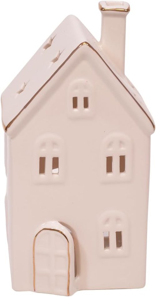 Mark Feldstein & Associates Holiday Tea Light Village House Figurines - White Porcelain with Gold Trim, Set of 3, 8 Inch
