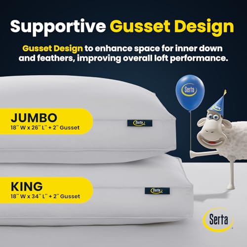 Serta Hotel Collection Pillows Queen Size Set of 2 White Goose Feather Down Fiber Gusseted 100% Cotton Pillow for Back, Stomach or Side Sleepers