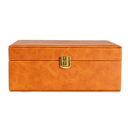 Household Essentials Vegan Leather 2-Layer Jewelry Organizer Box with Clasp Closure, Caramel Color