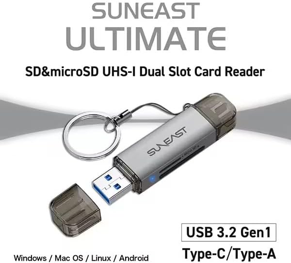 SUNEAST USB3.2 Gen1 DDR200 170MB/s SD MicroSD UHS-I Dual-Slot Card Reader with Type-C and Type-A Ports, Keychain