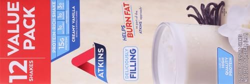 Atkins Creamy Vanilla High Protein Shake, 15g Protein, Low Glycemic, Low Carb and Low Sugar Shakes, Keto Friendly, 12 Vanilla Flavored Protein Shakes
