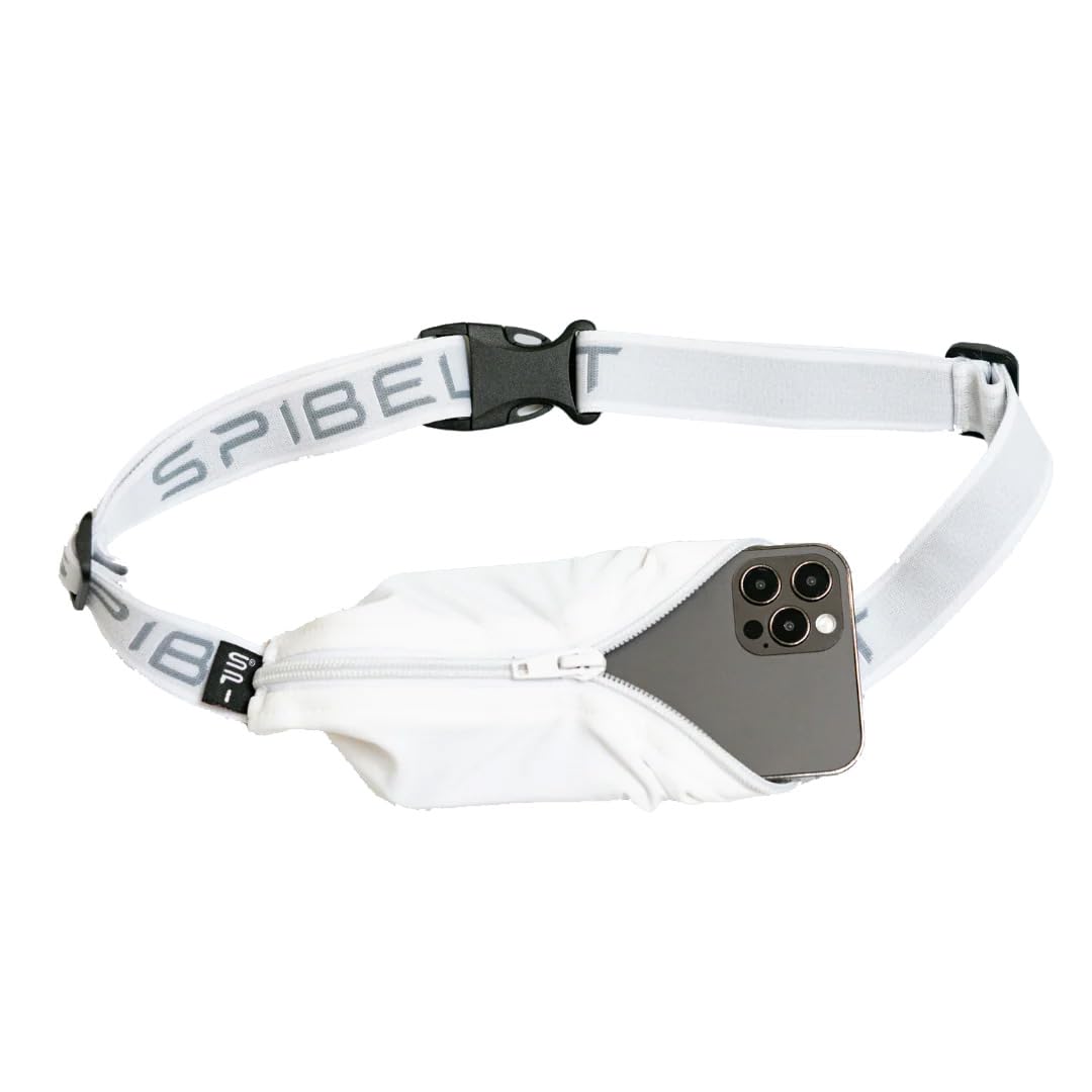 SPIbelt Running Belt Original Monochromatic, Women Men, Phone Holder for Running, Running Fanny Pack, Holder for Phone, Running Waist Pack, Adjustable Waist, [Fits All Phones]. White w/White Zipper