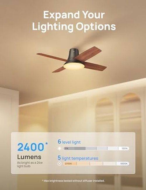 Dreo Ceiling Fan - 44 Inch Low Profile with Lights & Remote | Quiet Reversible Motor, 6-Speed, Dimmable LED