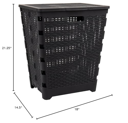 Mind Reader 61L Foldable Laundry Hamper, Clothes Basket, Lid, Wicker Design, Plastic, 18"L x 14.5"W x 21.25"H, Black