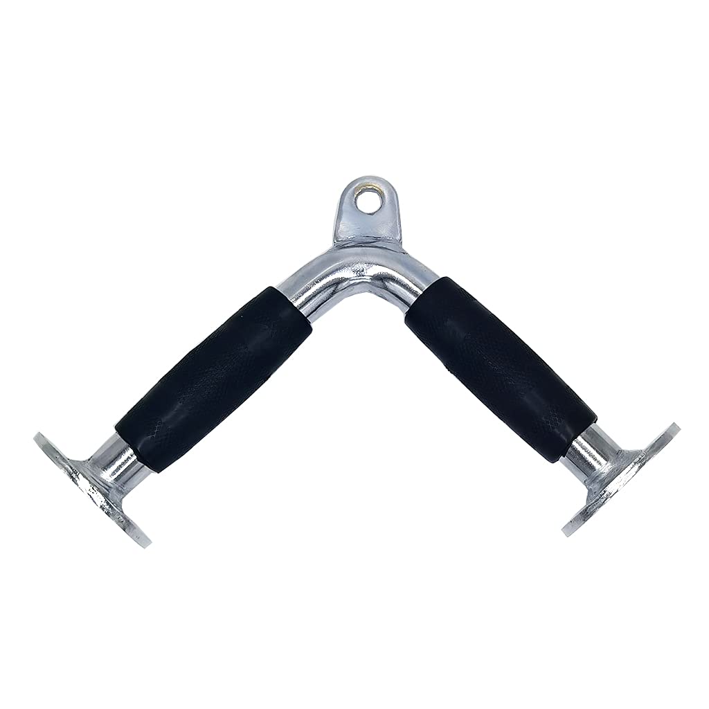 yuhqc V Shaped Press Down Bar, Strength Training Cable Machine Attachment with Rubber Handle, Chrome Finish Tricep Bar for Weight Workout, Universal Cable System Accessory