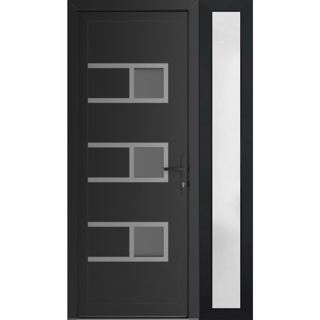 VDOMDOORS Front Exterior Prehung Metal-Plastic Door Frosted Glass | Manux 8933 Matte Black | Side Sidelite Transom | Residential Doors Entrance Patio Garage 42 x 80 (W30+12 x H80) Left-Inswing